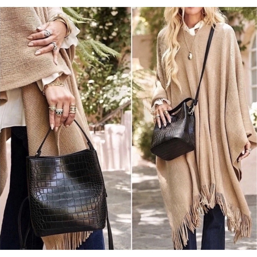 New Aota‎ Elena Crossbody Bucket Bag Black Mock Croc Vegan Leather Rachel Zoe